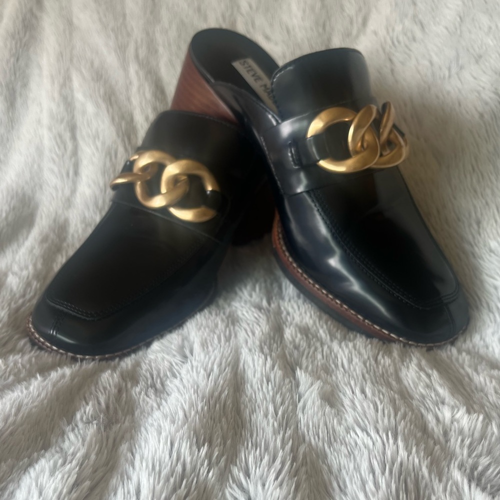 New Steve Madden Lorie Mules Shoes Black/Gold Size 7 1/2 Block Heel